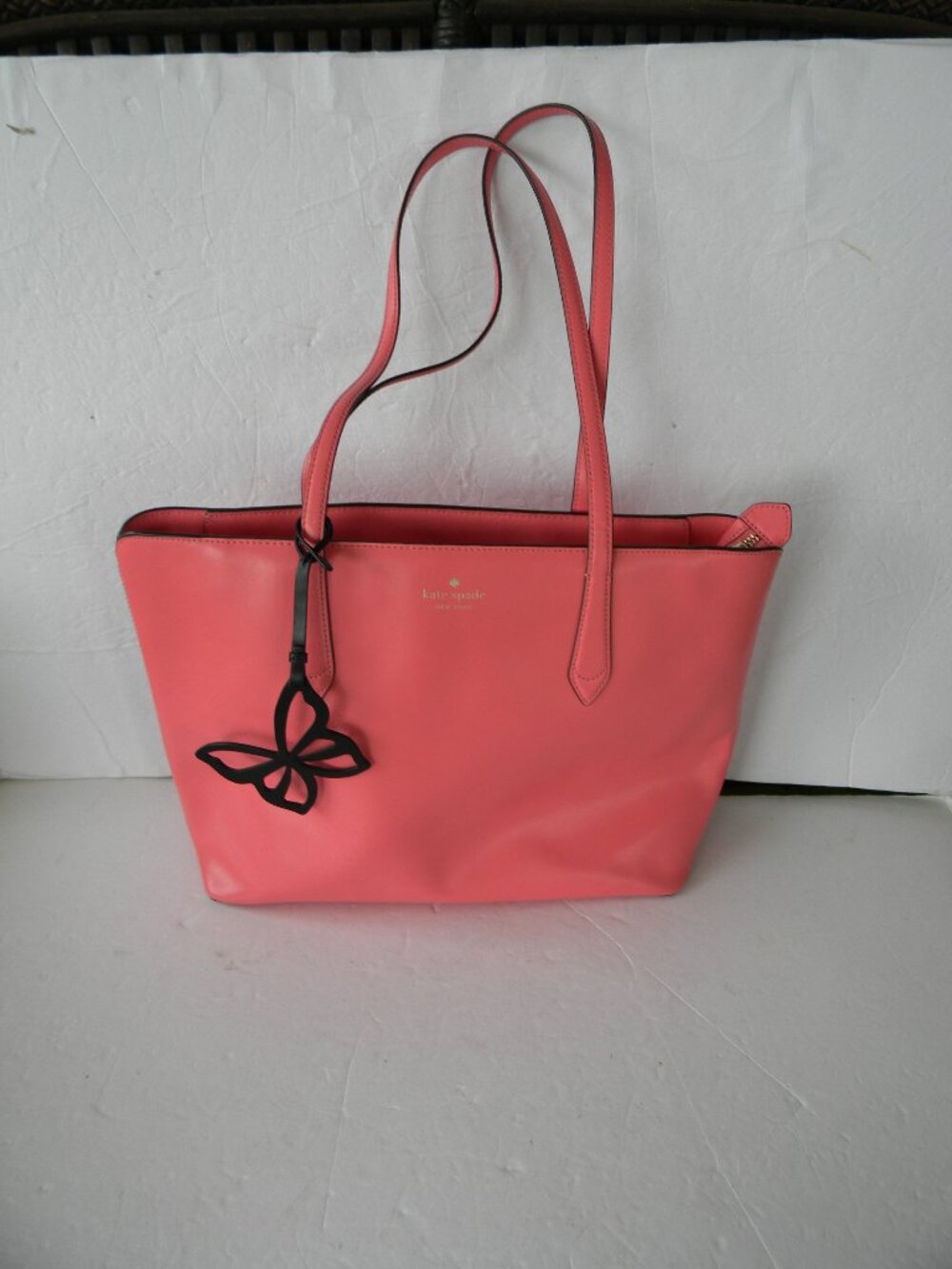 Kate Spade LEATHER Marlee Bag with Butterfly Charm Coral PINK Tote